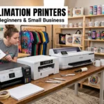 Home sublimation studio with multiple printers, colorful shirts, tumblers, and beginner creator.