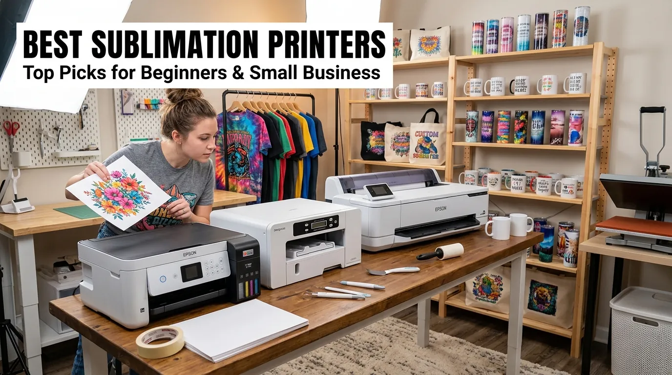 Home sublimation studio with multiple printers, colorful shirts, tumblers, and beginner creator.
