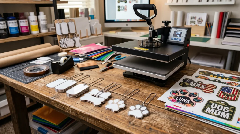 Blank sublimation dog tags beside heat press and colorful transfer sheets.