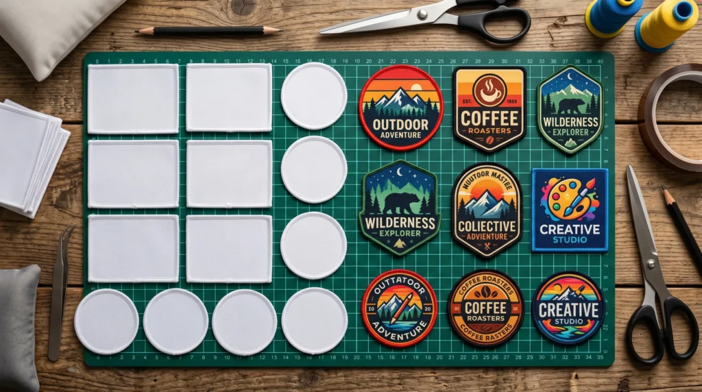 Blank sublimation patch materials displayed beside colorful finished custom patches.