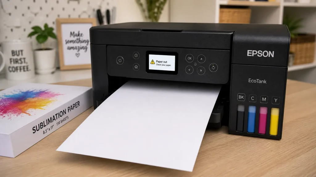 Sublimation printer producing a blank sheet beside visible colorful ink tanks.