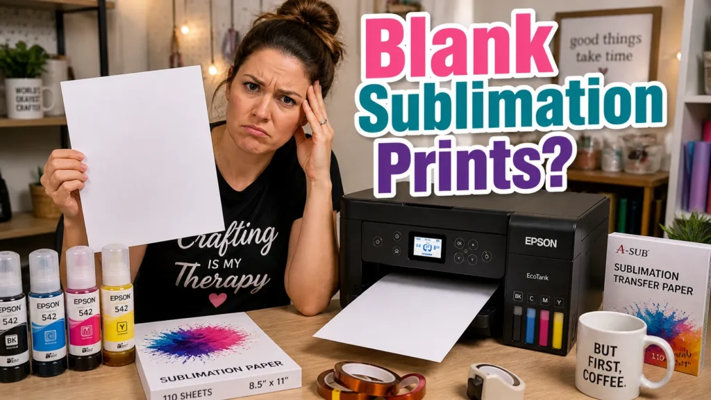Frustrated crafter holding a blank sublimation print beside an Epson EcoTank printer.