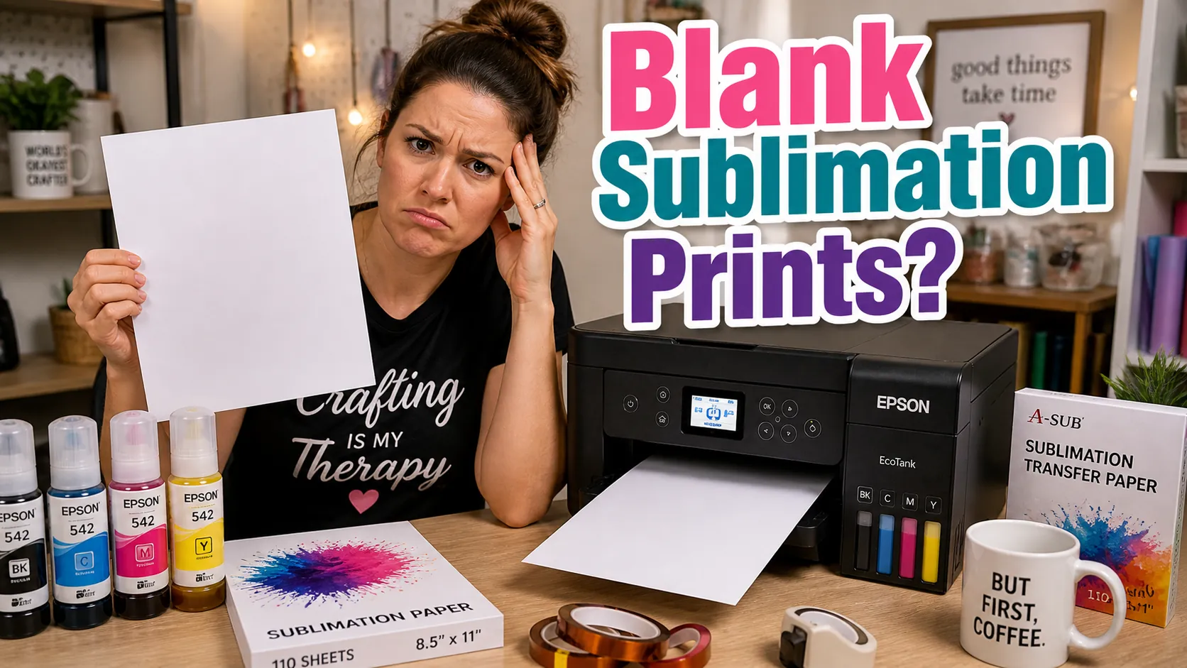 Frustrated crafter holding a blank sublimation print beside an Epson EcoTank printer.