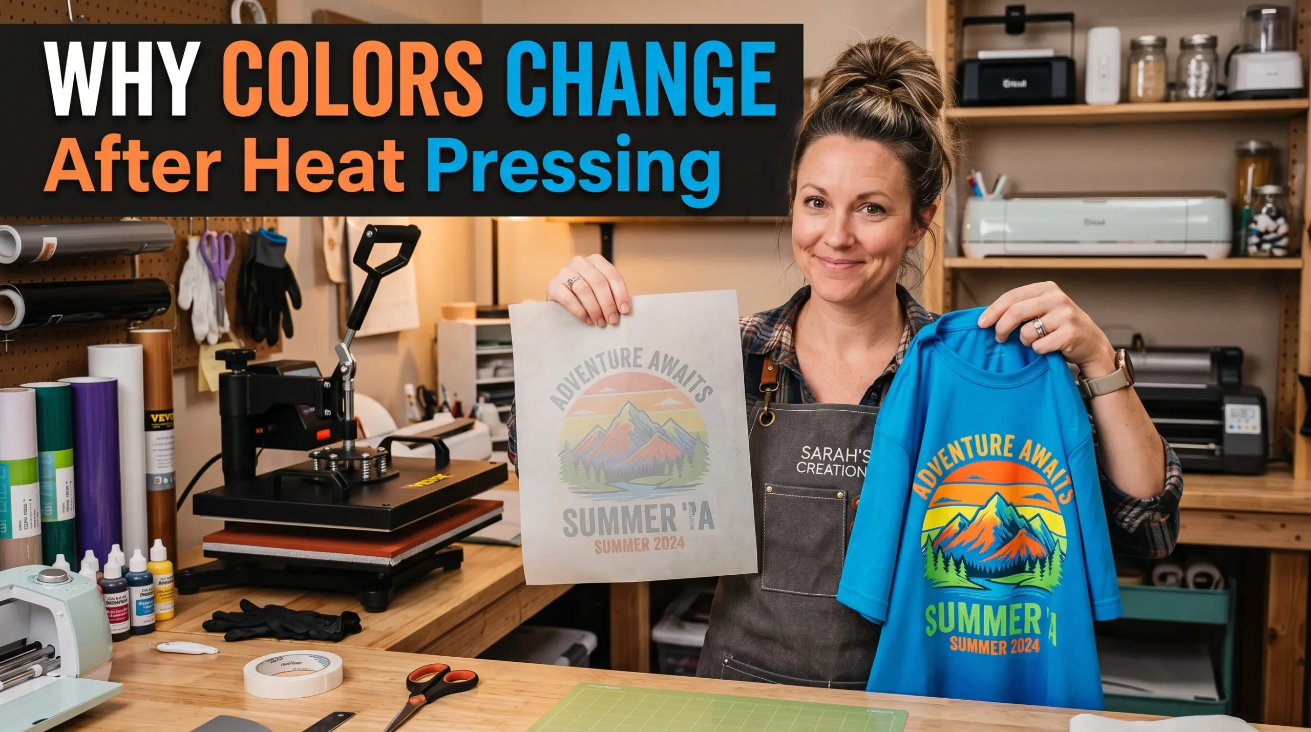 Crafter comparing dull sublimation transfer paper with a vibrant finished polyester shirt after heat pressing.