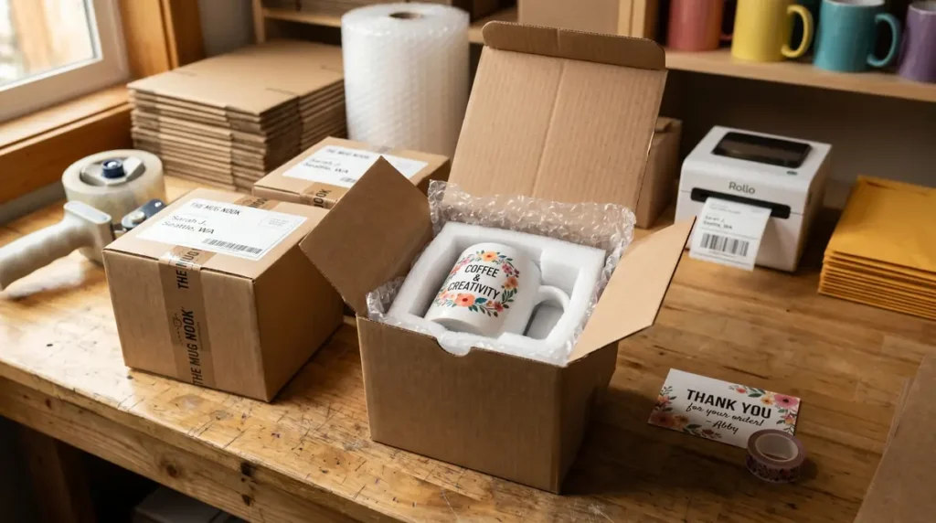 Packaged coffee mug with floral design on wooden table surrounded by shipping supplies