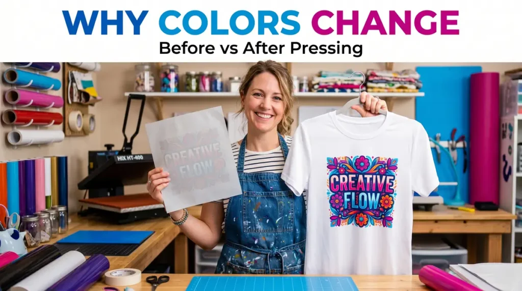 Smiling woman holding a printed heat transfer paper and a t-shirt with colorful floral design in a crafting room