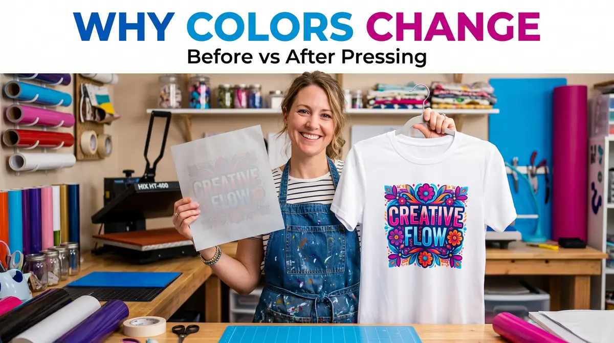 Smiling woman holding a printed heat transfer paper and a t-shirt with colorful floral design in a crafting room