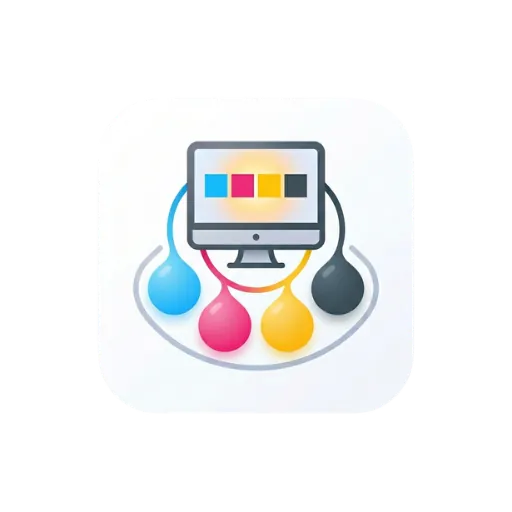 Minimal color management icon with CMYK colors and monitor display.