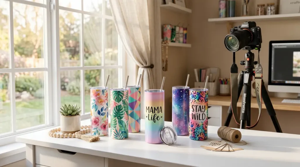 Six colorful insulated tumblers with patterns and text placed on white table in front of window with camera on tripod