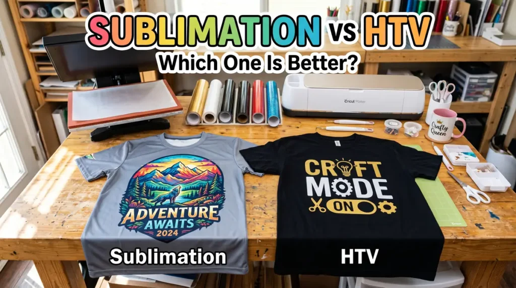 Two custom t-shirts on a wooden table comparing sublimation and HTV printing with crafting tools in the background