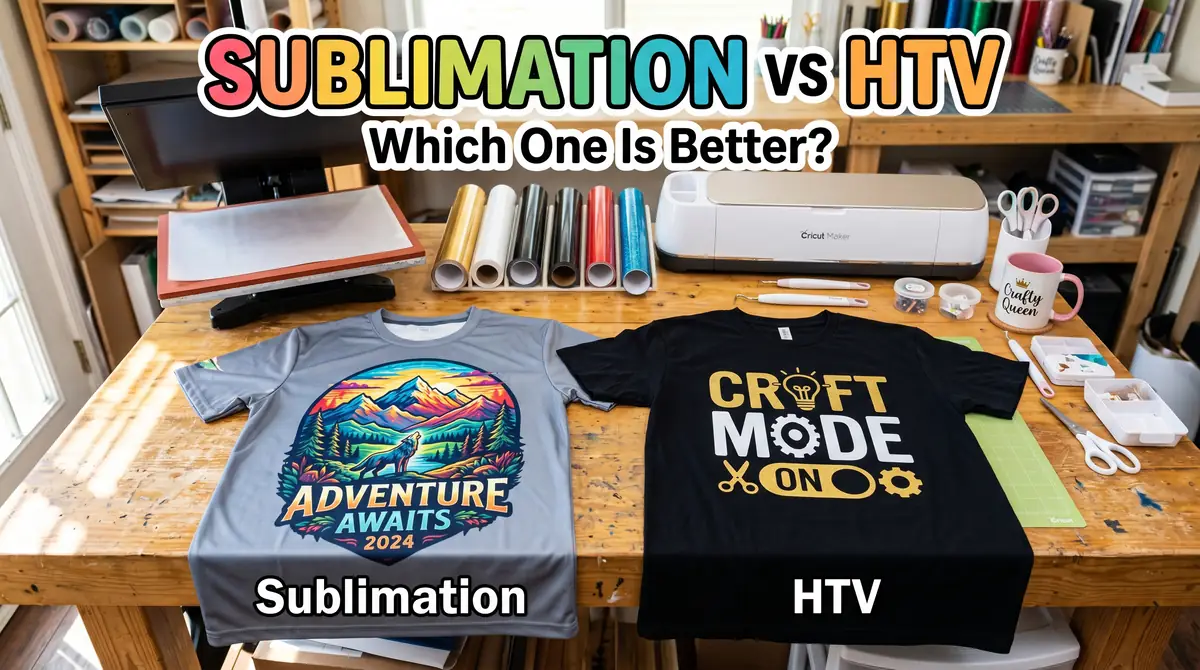 Two custom t-shirts on a wooden table comparing sublimation and HTV printing with crafting tools in the background