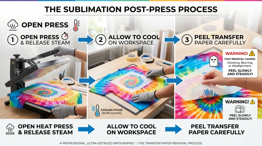 Step-by-step sublimation cooling and careful paper removal process after heat pressing.
