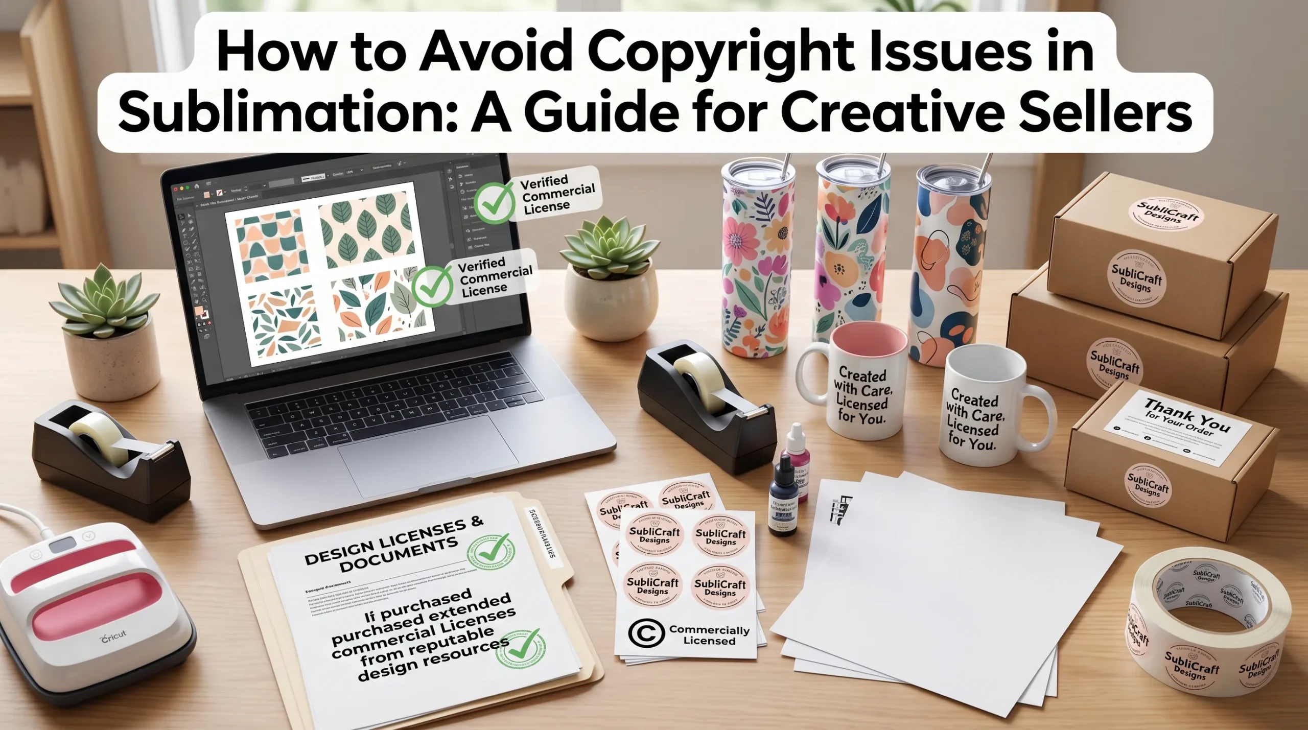 Sublimation business workspace with legal design files and copyright awareness setup.