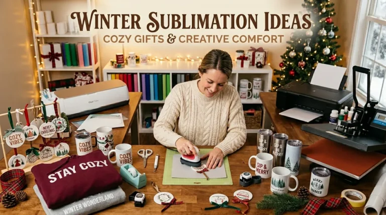 Woman creating winter sublimation mugs and hoodies in a cozy crafting workspace with seasonal décor and warm lighting.