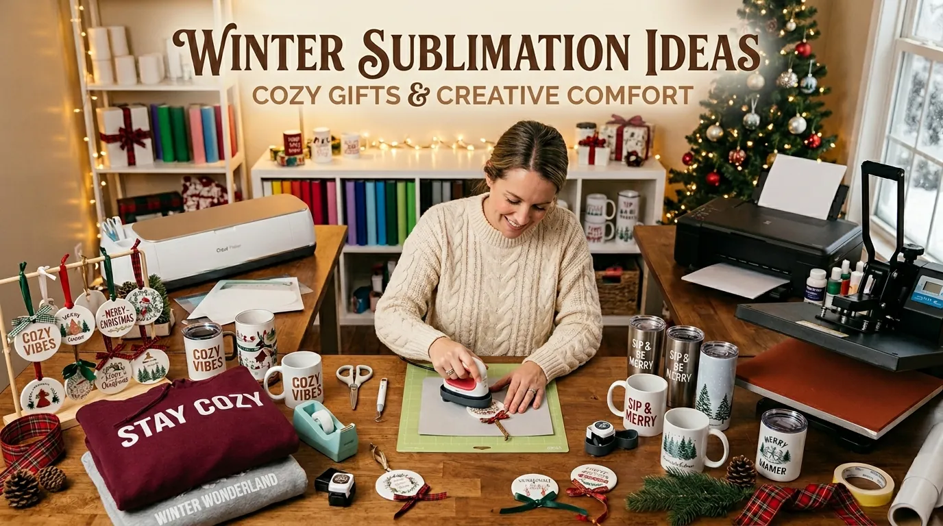 Woman creating winter sublimation mugs and hoodies in a cozy crafting workspace with seasonal décor and warm lighting.