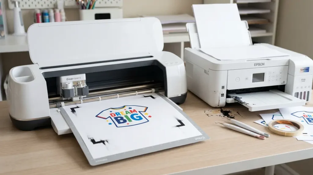 Cutting machine with 'Dream Big' shirt design and printer on wooden desk