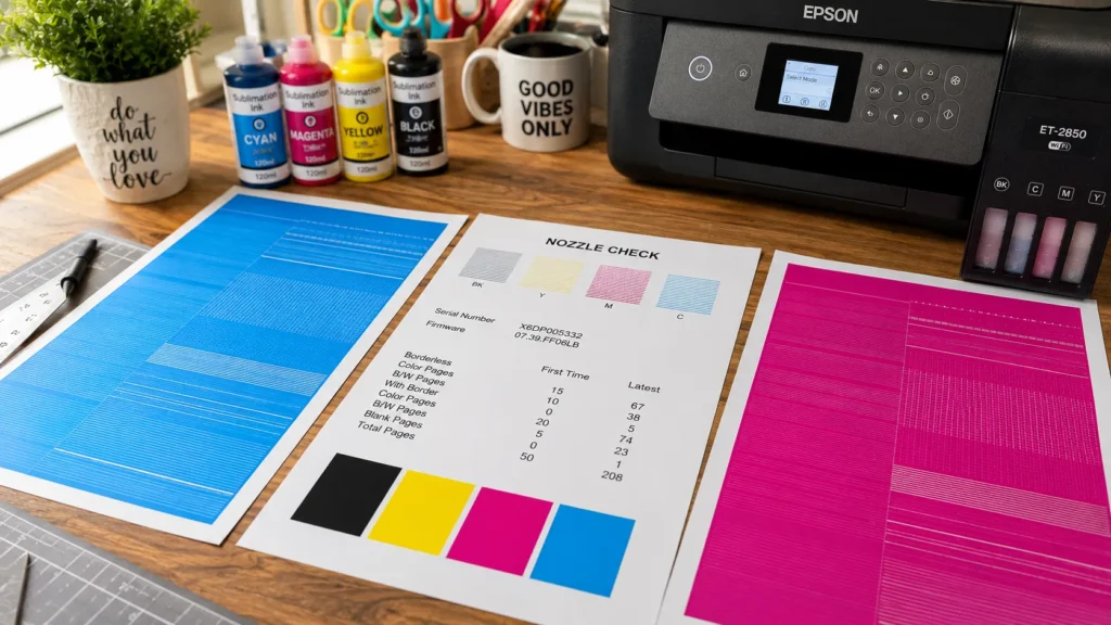 A comparison image showing a perfect Epson nozzle check beside one with missing lines.