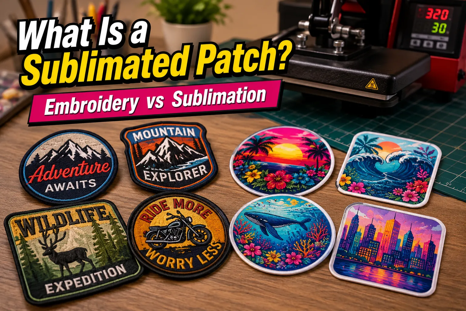 Colorful sublimated and embroidered patches displayed on a craft workspace beside a heat press machine with educational title text overlay.