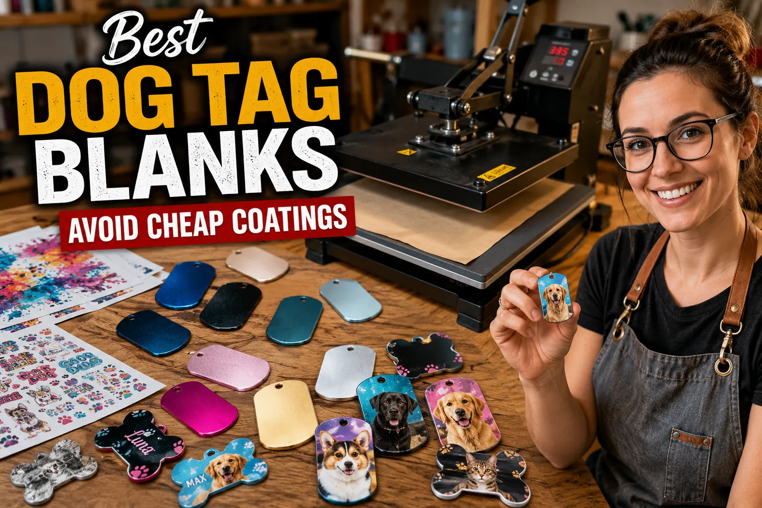 Crafter displaying colorful sublimation dog tags beside a heat press with bold tutorial title overlay.