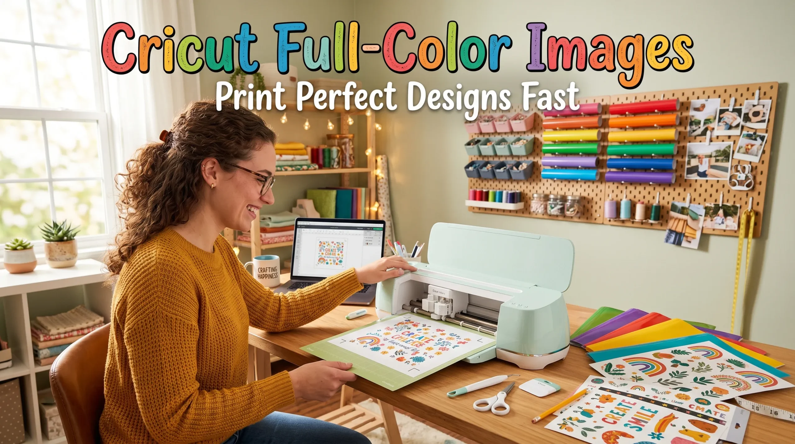 Woman creating colorful Cricut Print Then Cut sticker designs beside a Cricut machine and laptop showing Design Space.
