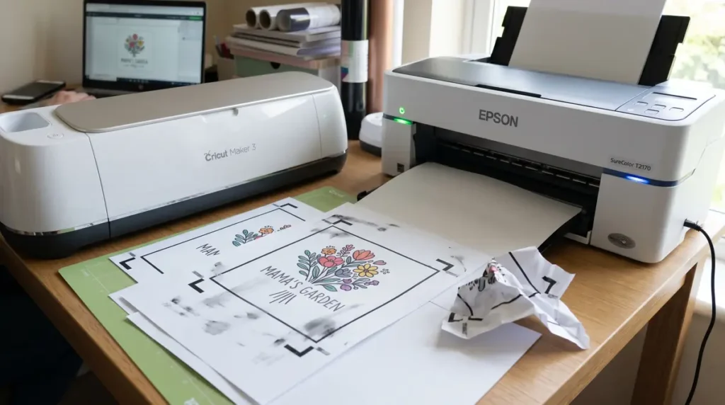 Cricut Maker 3 next to Epson printer printing floral design papers on a wooden desk