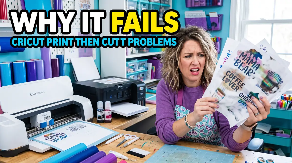 Woman holding failed Cricut print and cut projects with frustrated expression