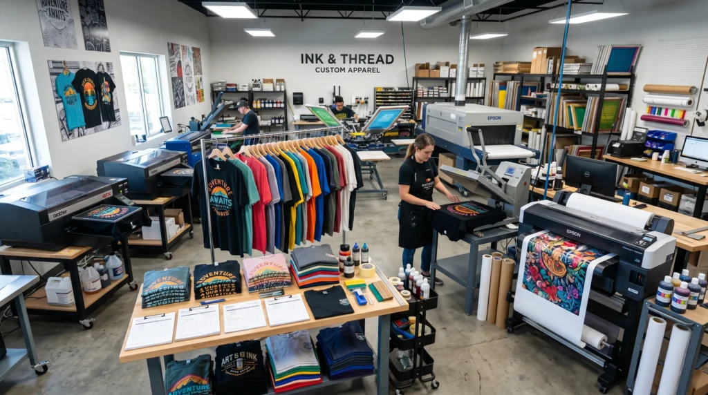 Custom apparel printing workspace with T-shirts, sublimation printers, DTG machines, and heat presses.