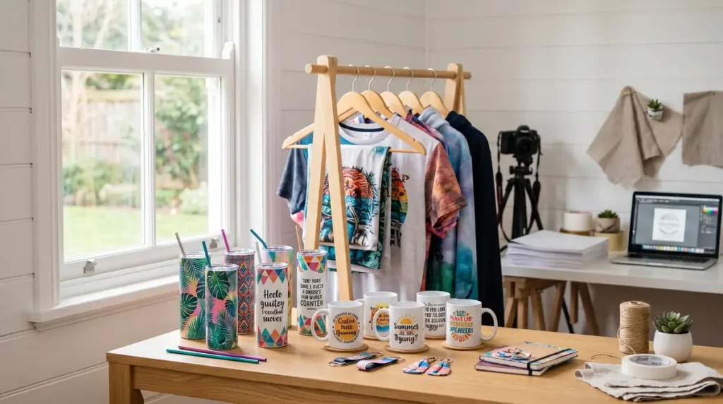 Custom printed t-shirts, mugs, and tumblers on a wooden rack and table in a bright room