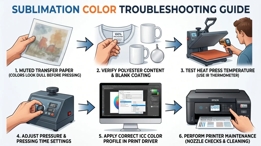 Step-by-step infographic explaining sublimation color troubleshooting workflow using heat press and printer checks.