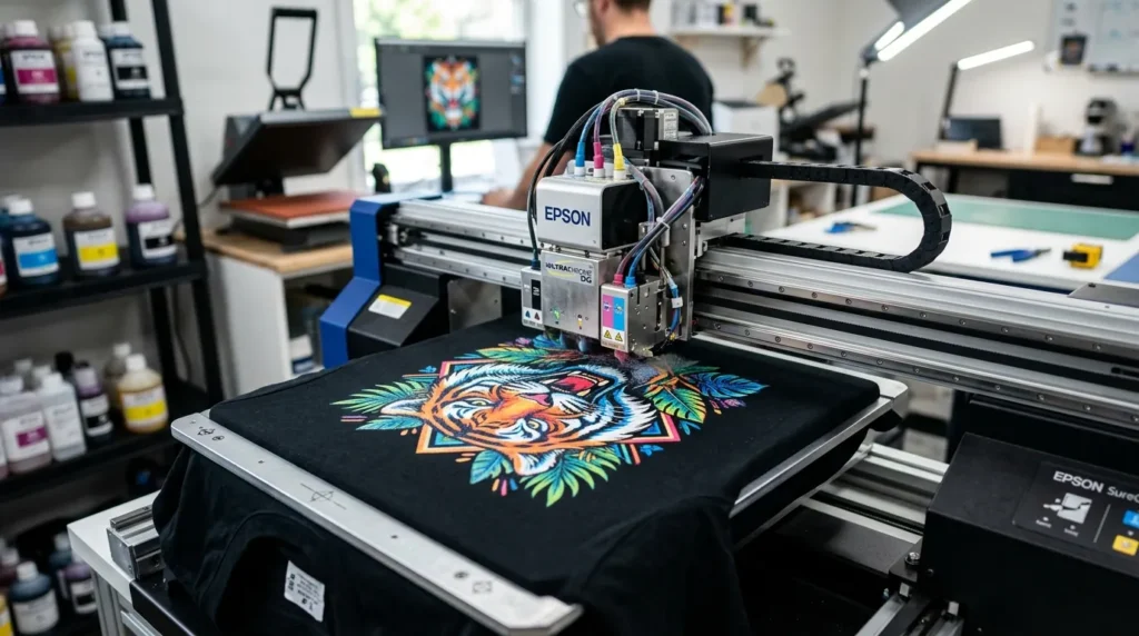 DTG printer producing a colorful graphic design on a black T-shirt.