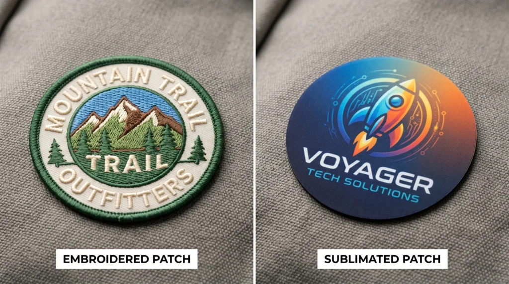 Embroidered and sublimated logo patches compared under bright studio lighting.