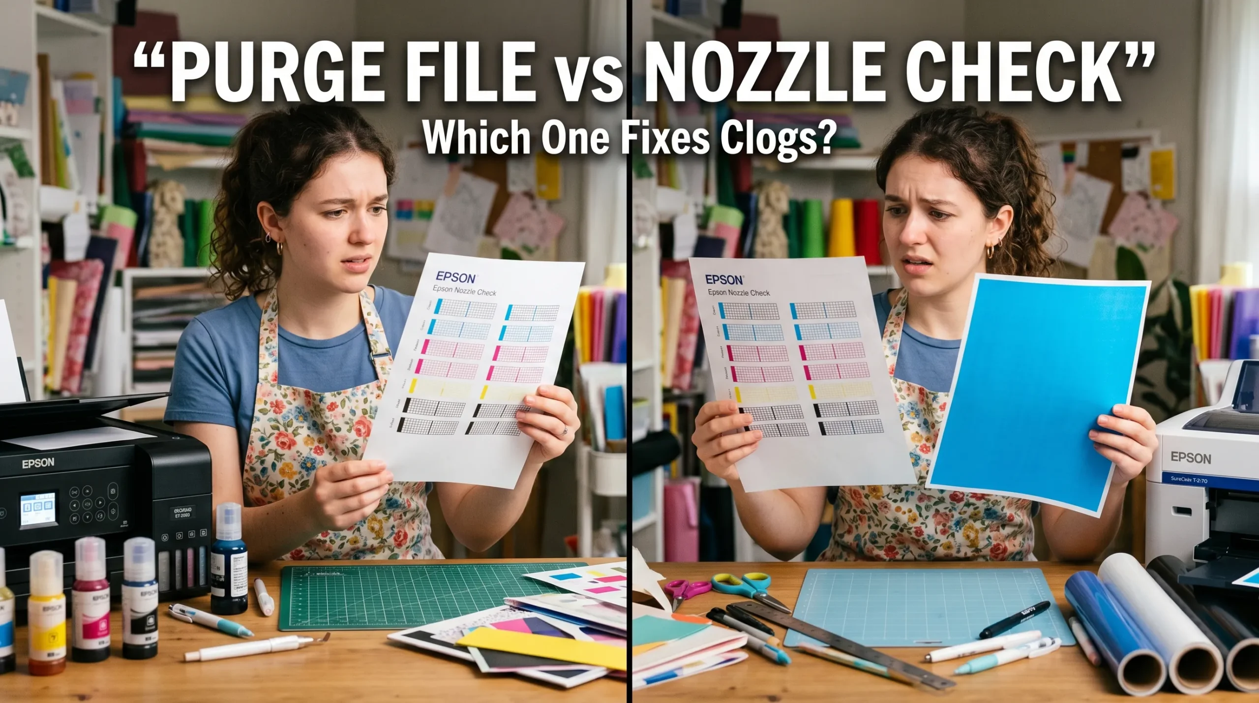 Beginner sublimation user comparing Epson nozzle check patterns and purge print sheets beside an EcoTank printer with bold maintenance title text.