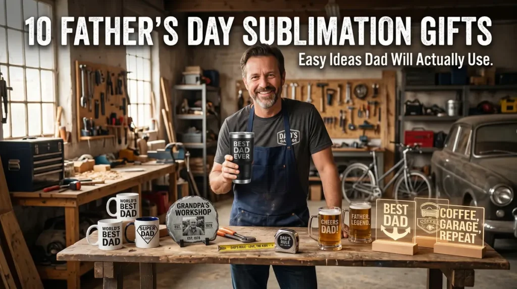 Smiling father holding a tumbler surrounded by Father's Day sublimation gifts in a workshop