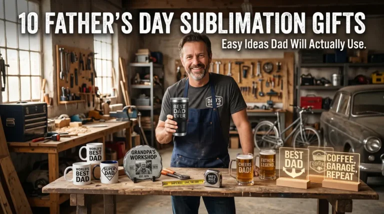 Smiling father holding a tumbler surrounded by Father's Day sublimation gifts in a workshop