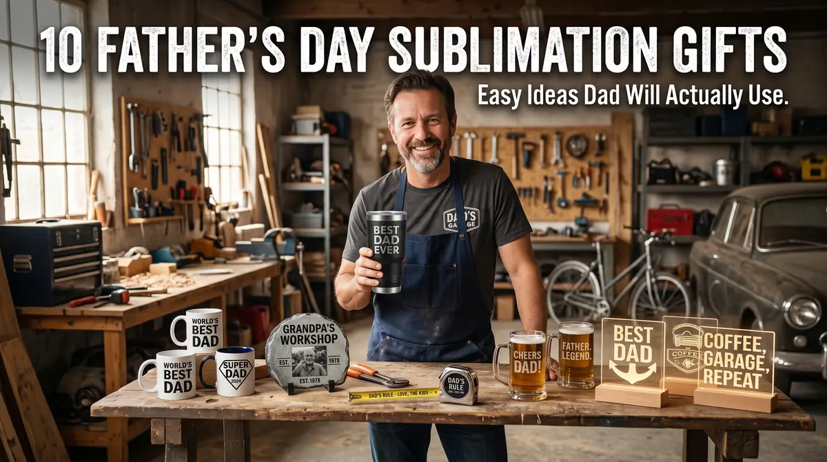 Smiling father holding a tumbler surrounded by Father's Day sublimation gifts in a workshop