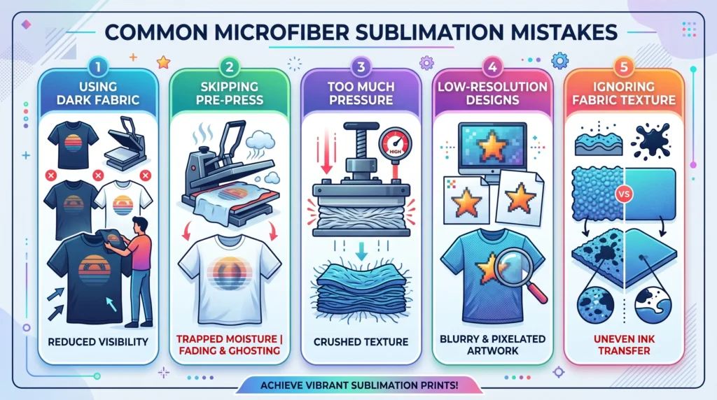 Info graphic show five Common Microfiber Sublimation Mistakes.