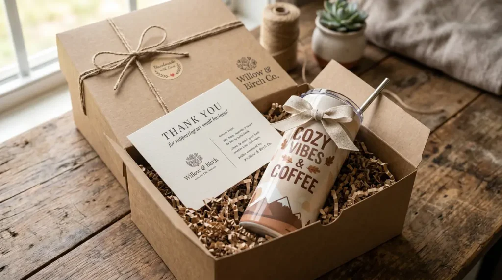 Brown gift box containing a tumbler with cozy vibes and coffee text and a thank you card