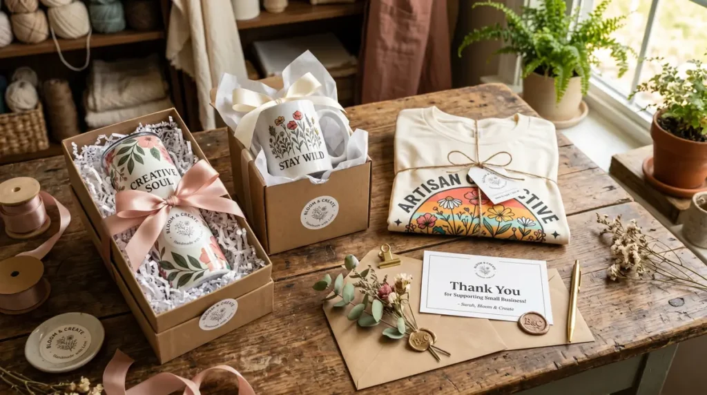 Floral patterned tumbler and mug in gift boxes, folded shirt with floral design, and a thank you card on a wooden table
