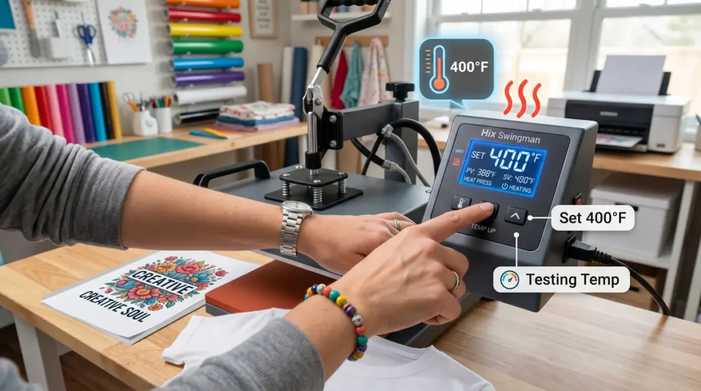 Hand adjusting heat press machine digital display showing 400 degrees Fahrenheit in a craft room
