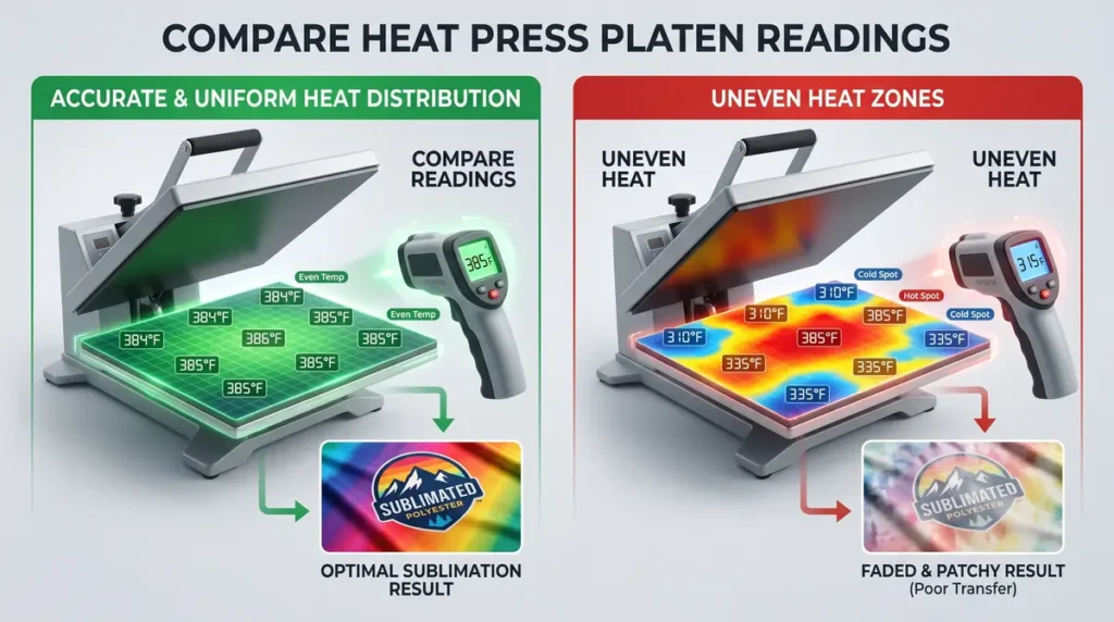 Side-by-side comparison of accurate and uneven heat press platen readings for sublimation