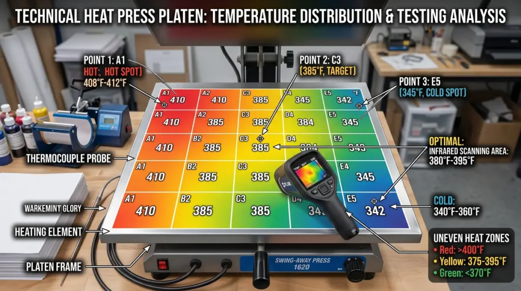 Heat press platen showing temperature distribution color map with infrared thermometer reading