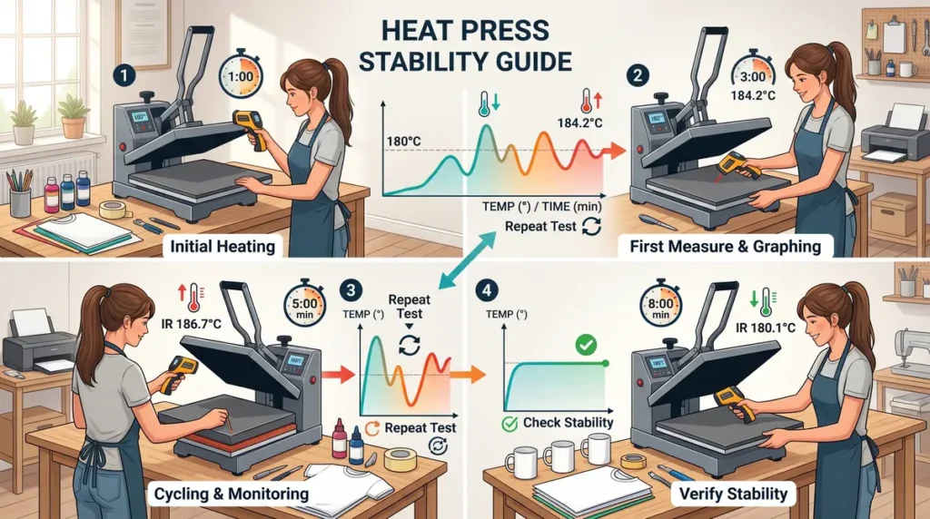 Woman using a heat press machine and infrared thermometer to monitor temperature steps