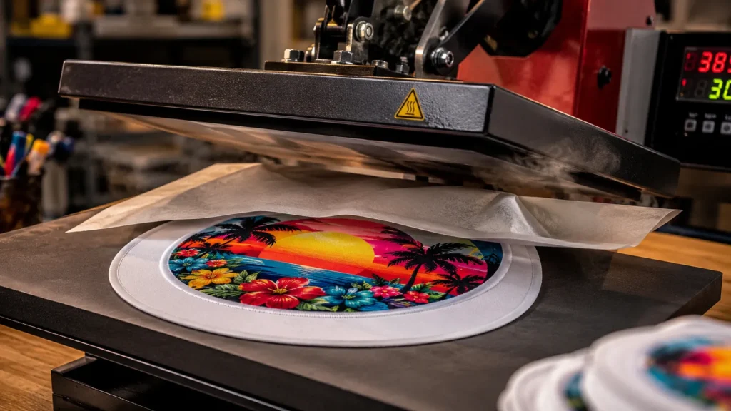 Heat press applying colorful sublimated patch design onto polyester fabric material.