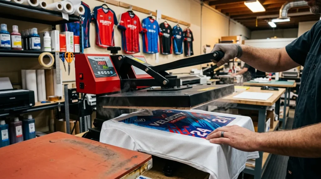 Heat press applying a colorful sublimation design onto a polyester sports shirt.