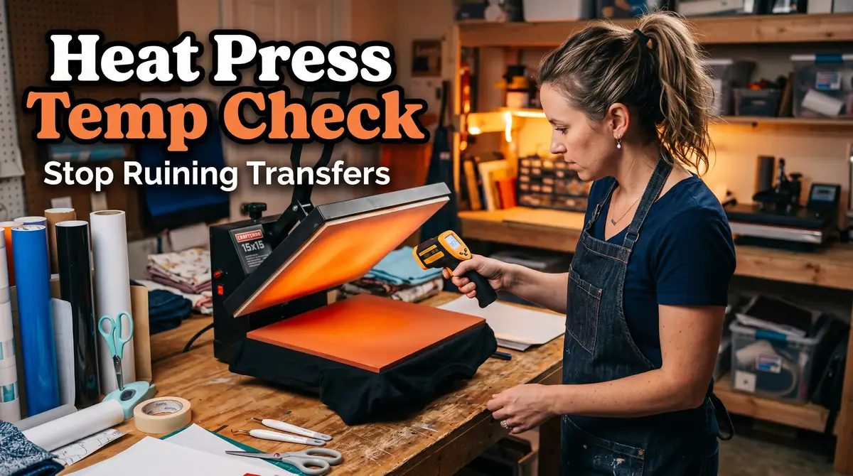 Woman using a temperature gun to check heat press temperature in a craft workshop