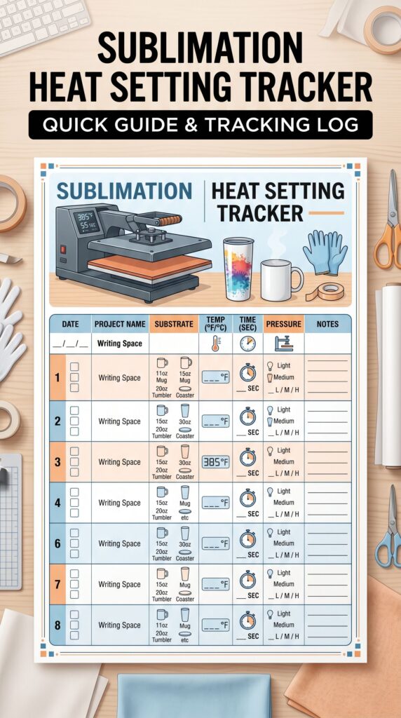 Printable sublimation heat setting tracker for tumbler crafting projects.