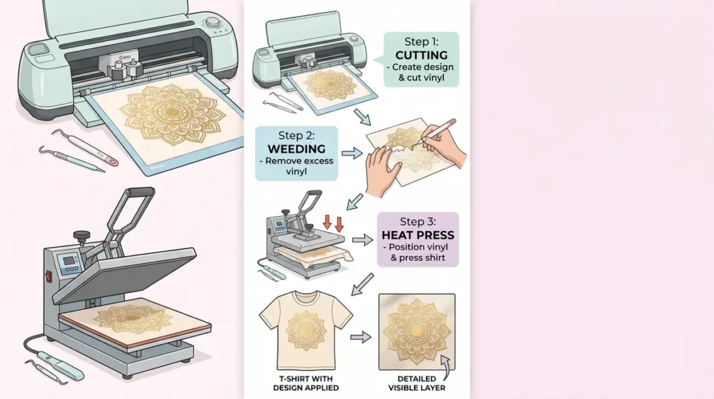 Heat transfer vinyl process showing cutting machine, weeding vinyl, heat press, and final t-shirt design