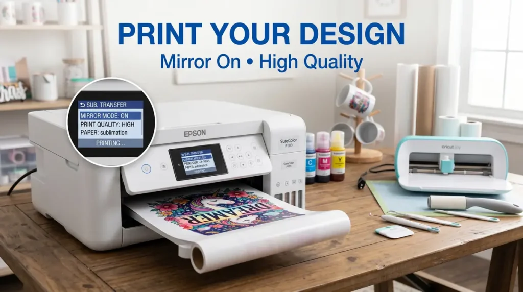 White sublimation printer printing colorful floral and unicorn design on paper