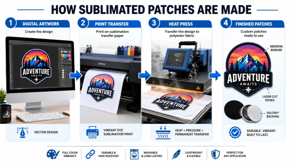 Infographic showing the sublimated patch creation and heat press transfer process.