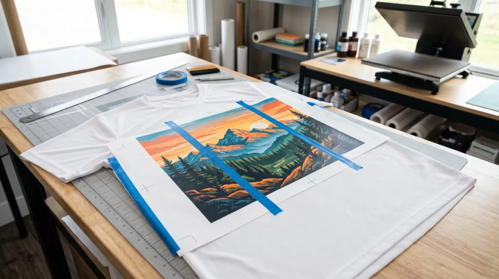 A shirt with design pacing steps for align Large Sublimation Transfers Correctly.